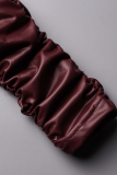 Бордовый сексуальный однотонный узкий комбинезон со складками и V-образным вырезом
