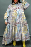Cyaan casual print patchwork gesp vouw kraag lange jurk grote maten jurken