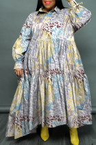 Vestido longo azul celeste com estampa casual patchwork fivela dobrada gola redonda vestido longo vestidos tamanho grande