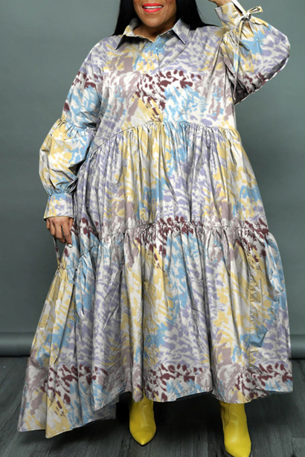 Hemelsblauw casual print patchwork gesp vouw kraag lange jurk plus size jurken