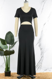 Черное повседневное однотонное платье с V-образным вырезом и коротким рукавом Платья Платья