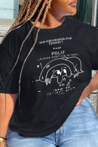 Schwarze Patchwork-T-Shirts mit O-Ausschnitt und täglichem Druck