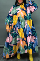 Robe longue bleu profond décontracté imprimé patchwork boucle pli col rabattu robes grande taille
