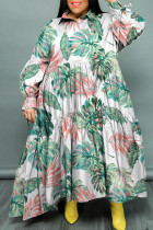 Cyaan casual print patchwork gesp vouw kraag lange jurk grote maten jurken