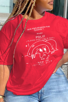 Rode T-shirts met dagelijkse print en patchwork met ronde hals