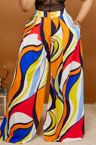 Pantalon décontracté imprimé patchwork taille haute à jambe large multicolore