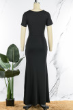 Zwarte casual effen uitgeholde jurk met V-hals en korte mouwen