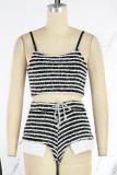 Black Sexy Casual Striped Patchwork Backless Spaghetti Strap Sleeveless Two Pieces