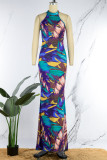 Colour Sexy Casual Print Hollowed Out O Neck Long Dress Dresses