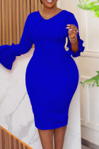 Vestidos de falda de un paso con cuello en V de patchwork sólido elegante casual azul real