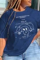Marineblauwe T-shirts met patchwork met dagelijkse print en ronde hals