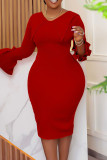 Vestidos de saia única com decote em V vermelho tangerina casual elegante e sólido
