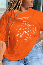 Оранжевые повседневные футболки с принтом в стиле пэчворк и круглым вырезом