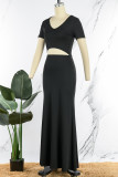 Black Casual Solid Hollowed Out V Neck Short Sleeve Dress Dresses