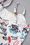 White Sexy Casual Print Graffiti Backless Vests Spaghetti Strap Tops