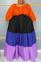 Orangeroter beiläufiger fester Patchwork-Quadrat-Kragen A-Linie Kleider in Übergröße