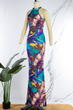 Färg Sexig Casual Print urholkad O-hals långa klänningar