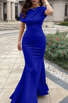 Синее сексуальное однотонное длинное платье с косым воротником в стиле пэчворк Платья