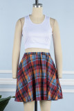 Red Blue Street Plaid Slit O Neck Sleeveless Two Pieces