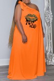 Orange Casual Print Frenulum Backless Schrägkragen Langes Kleid Plus Size Kleider