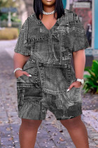 Grey Casual Street Print Patchwork V Neck Straight Rompers
