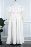 ホワイト プラス サイズ カジュアル ソリッド フラウンス マンダリン カラー シャツ ドレス
