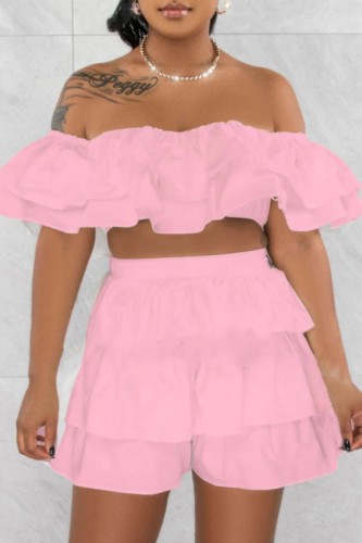 Pink Sexy Casual Solid Patchwork Backless Off the Shoulder Short Sleeve Two Pieces