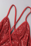 Красное сексуальное вечернее платье с блестками и V-образным вырезом