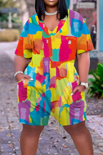 Yellow Casual Street Print Patchwork V Neck Straight Rompers