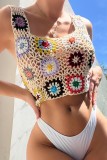 White Sexy Patchwork Hollowed Out See-through U Neck Tops