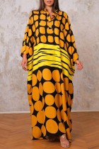 Robe longue jaune à imprimé patchwork et col rond