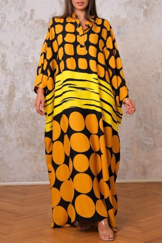 Yellow Casual Print Patchwork O Neck Long Dress Dresses