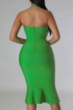 Green Sexy Solid Backless Halter Sleeveless Dress Dresses