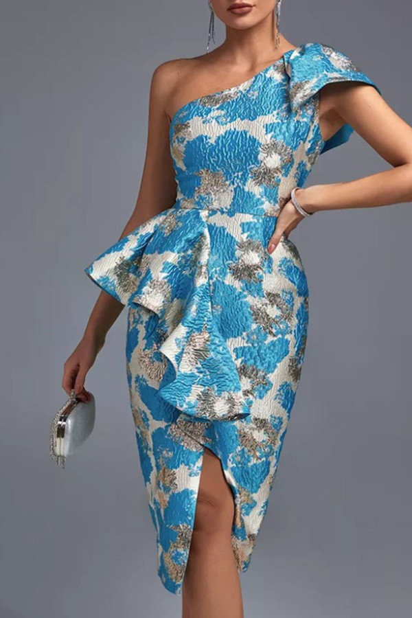 ブルー エレガント プリント パッチワーク フラウンス スリット 斜めカラー イブニングドレス ドレス
