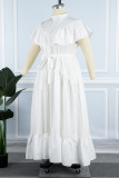 ホワイト プラス サイズ カジュアル ソリッド フラウンス マンダリン カラー シャツ ドレス
