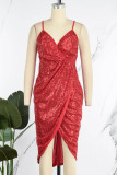 Red Sexy Party Solid Sequined V Neck Sling Dress Dresses