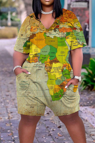 Green Yellow Casual Street Print Patchwork V Neck Straight Rompers