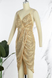 Guld sexig fest Solid paljettklänningar med V-ringad slingklänning