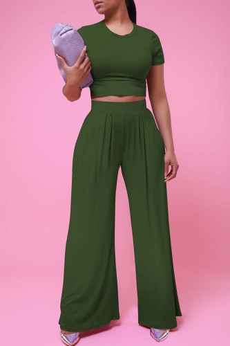 Army Green Casual Solid Basic O Neck Short Sleeve Two Pieces