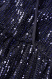 Deep Blue Sexy Party Solide Paillettes V Neck Sling Dress Robes