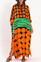 オレンジ カジュアル プリント パッチワーク O ネック ロング ドレス ドレス