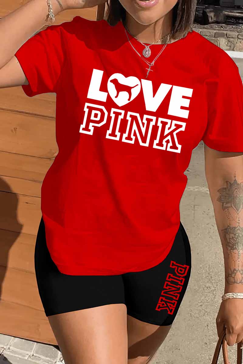 

Red Casual Print Letter O Neck Short Sleeve Two Pieces