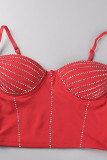 Red Sexy Party Solid Hot Drilling Gland Paillettes Spaghetti Strap Sans Manches Deux Pièces