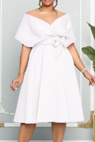 Patchwork solido bianco elegante con abiti da sera con scollo a V e fiocco