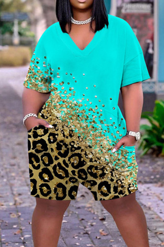 Lake Green Casual Street Print Patchwork V Neck Straight Rompers