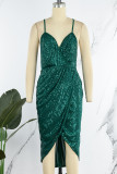 Green Sexy Party Solid Sequined V Neck Sling Dress Dresses