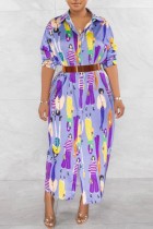 Фиолетовый Повседневное платье-рубашка в стиле пэчворк с отложным воротником Платья (без пояса)