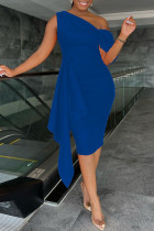 ブルーのエレガントな固体パッチワーク斜め襟イブニング ドレス ドレス