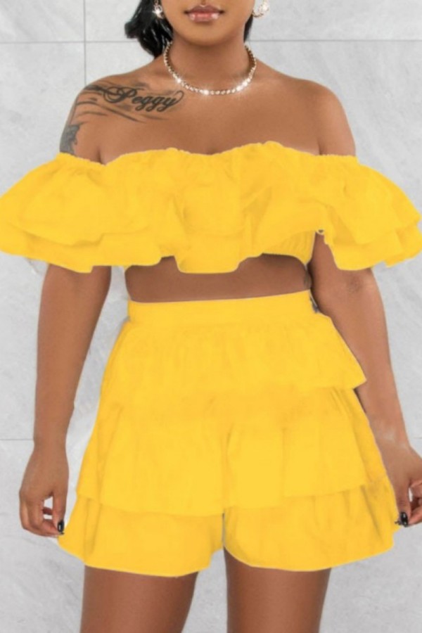 Giallo Sexy Casual Solid Patchwork Backless Off the Shoulder Manica corta Due pezzi