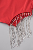 Apricot Sexy Party Solid Hot Drilling Tassel Sequined Spaghetti Strap Sleeveless Two Pieces